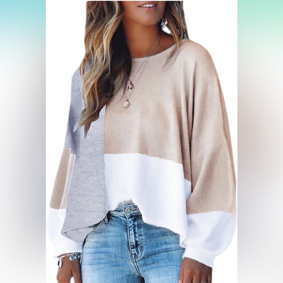 Women Sweater Long Sleeve Color Block Knit Pullover Sweaters Crew Neck Patchwork - Picture 1 of 7